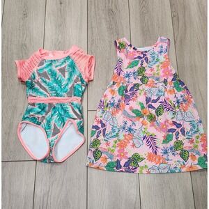 Tropical Palm Leaf Swimsuit and Floral Summer Dress Bundle Girls Size 4T